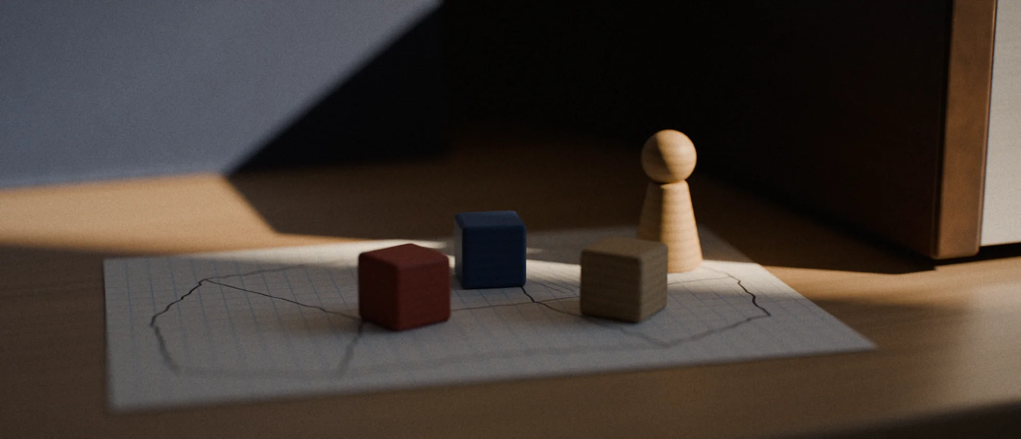 Wooden game pieces on a hand-drawn map on graph paper, in late light, with the record sleeve and the amplifier behind.